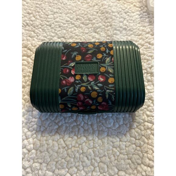 Vtg Sassaby Green Hard Plastic 2 Compartment Cosmetic Case Mirror Cherries Print - Picture 1 of 6